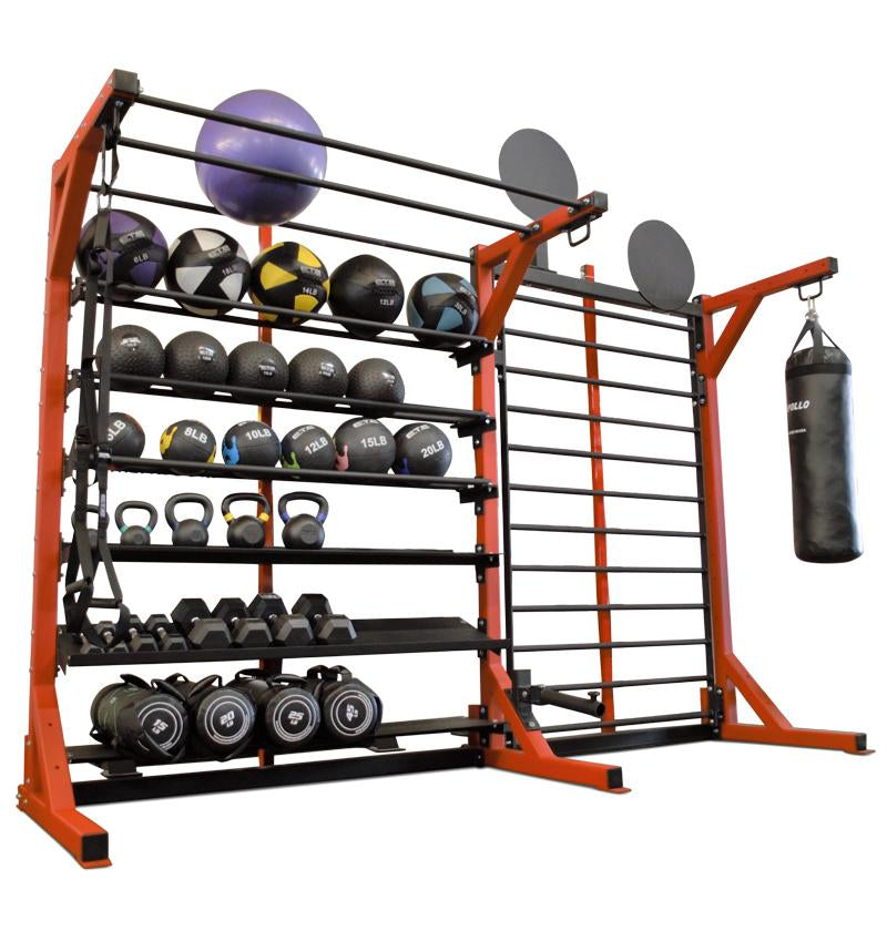 Elite Multi-Storage Rack w/ Stall Bars, Landmine, Wall Ball Targets, Heavy Bag Attachment