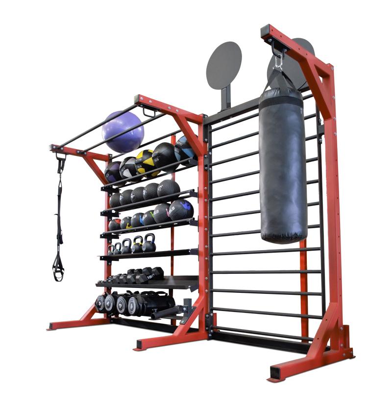 Elite Multi-Storage Rack w/ Stall Bars, Landmine, Wall Ball Targets, Heavy Bag Attachment